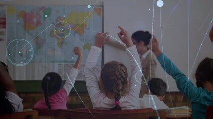 Poster - Network of connections over female teacher teaching geography to students at elementary school