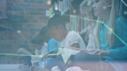 Poster - Network of connections over diverse students studying in library at elementary school