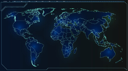 Poster - World map network connection lines background. Magic blue portal on futuristic background. Magic circle teleport podium. GUI, UI, 3d virtual reality projector. Abstract hologram technology. Vector