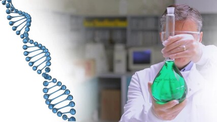 Poster - Animation of dna strand spinning over scientist in laboratory