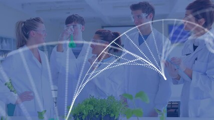 Poster - Animation of dna strand spinning over scientists in laboratory