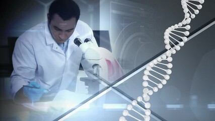 Poster - Animation of dna strand spinning over scientist in laboratory