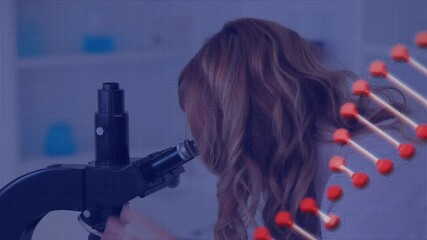 Poster - Animation of dna strand spinning over scientist in laboratory