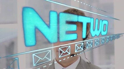 Poster - Animation of network text and email icons over man wearing phone headset