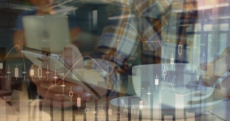 Poster - Animation of statistics and data processing over man using smartphone