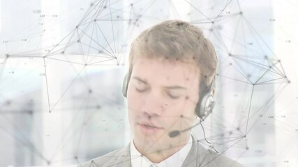 Poster - Animation of network of connections over businessman with headset in office