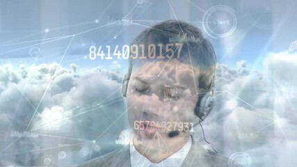 Poster - Animation of data processing and networks of connections over businessman wearing phone headset