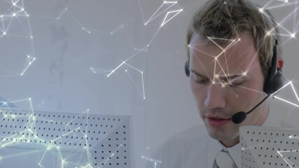 Poster - Animation of network of connections over businessman with headset in office