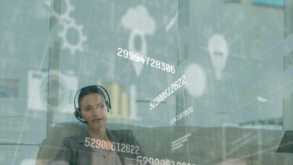 Wall Mural - Animation of data processing and digital icons over businesswoman wearing phone headset