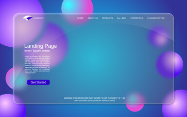 Website landing page vector template. Abstract colorful background for webpage and application with glassmorphism effect