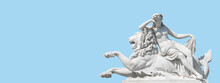 Banner With Old Statue Of Sensual Renaissance Era Woman Laying On Big Lion At Blue Sky Solid Background With Copy Space, Potsdam, Germany. Concept Of Historical Architecture Heritage.