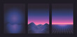 Neon light grid landscapes. Futurism vector. Retrowave, synthwave, rave, vapor wave party background. Retro, vintage 80s, 90s style. Black, purple, pink, blue colors. Print, wallpaper, web template
