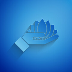 Sticker - Paper cut Lotus flower icon isolated on blue background. Paper art style. Vector