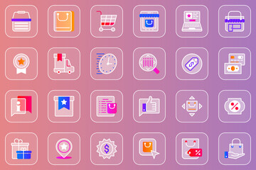 Poster - Online shopping web glassmorphic icons set. Pack outline pictograms of shop bag or cart, fast delivery order, money cash, gift for customer, discount sale, payment and other. Vector line glass symbols