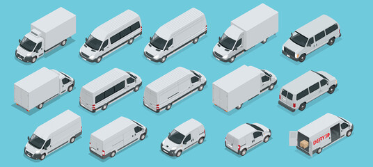 Wall Mural - Isometric Logistics icons set of different transportation distribution vehicles, delivery elements. Cargo transport isolated on white background. Cargo Truck and Van