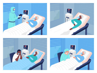 Poster - Intensive care unit in hospital flat color vector illustrations set. Coronavirus hospitalization. Life support for ill patients 2D cartoon characters collection with hospital room on background