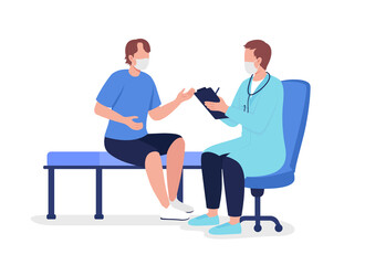Poster - teen consulting with doctor semi flat color vector characters. full body people on white. talking to