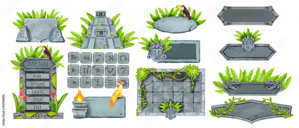 Jungle stone game UI set, rock vector buttons, gray cracked boulder ...