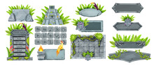 Jungle Stone Game UI Set, Rock Vector Buttons, Gray Cracked Boulder Sign Board, Menu Frame, Aztec Pyramid. Tropical User Interface Design Element, Rainforest Banner. Stone Game Asset Kit, Parrot, Vine