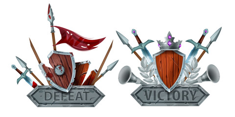 Game badge vector icon, defeat victory level end signs, rank medal award design, medieval shield, crown. Fantasy battle sign, knight weapon, winner looser RPG logo on white. Game badge rating kit