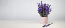 Fresh Natural Lavender In A Pink Cup Against A White Wall Background. Side View, Copy Space, Banner.