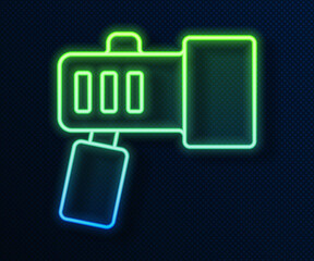 Sticker - Glowing neon line Flashlight for diver icon isolated on blue background. Diving underwater equipment. Vector