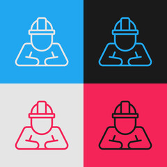 Poster - Pop art line Builder icon isolated on color background. Construction worker. Vector
