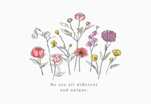 Typography Slogan With Colorful Hand Drawn Wild Flowers Vector Illustration