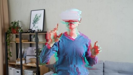 Wall Mural - man is using virtual reality headset. image with glitch effect.