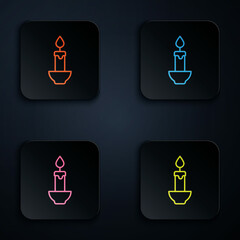 Sticker - Color neon line Burning candle icon isolated on black background. Cylindrical candle stick with burning flame. Set icons in square buttons. Vector