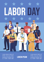Poster - Labor day poster flat vector template. Honoring workers contributions. Brochure, booklet one page concept design with cartoon characters. Providing career opportunities flyer, leaflet with copy space