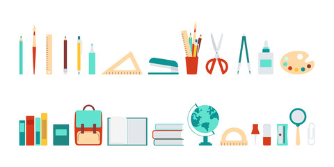 School tools, supplies, stationery in flat style. Set of colored icons, pictograms. Pen, globe, backpack, ruler, book, brush, pencil and other items. Vector illustration isolated on white