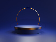 Round Blue Podium Pedestal With Gold Circle For Product Showing And Display By 3d Rendering Technique.