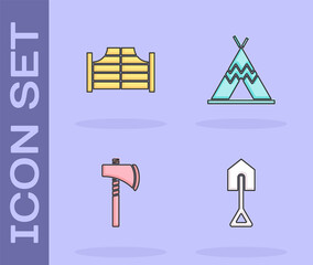 Sticker - Set Shovel, Saloon door, Tomahawk axe and Indian teepee wigwam icon. Vector