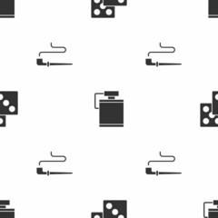 Poster - Set Game dice, Canteen water bottle and Smoking pipe on seamless pattern. Vector