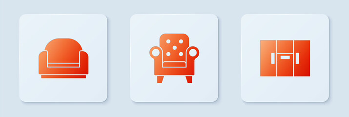 Poster - Set Armchair, and Wardrobe. White square button. Vector