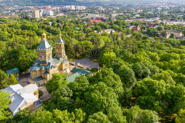 Aerial view of Lazarus church (Lazarevskaya church, 1902) on sunny summer day. Pyatigorsk, Stavropol Krai, Caucasus, Russia.