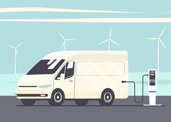 Wall Mural - Electric cargo van on the background of an abstract landscape and wind turbines. Vector flat style illustration.