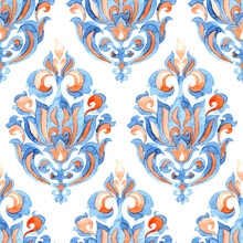 Seamless Watercolor Pattern. Orange, Blue And White Brush-drawn Ornament On Paper. Fashionable Ogee Floral Wallpaper.