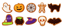 Collection Colored Halloween Cookies Vector Cartoon Illustration Bakery Candy With Scary Monsters