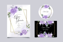Wedding Invitation Card Template Set With Beautiful Purple Floral Leaves Premium Vector