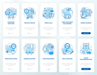 Message software blue onboarding mobile app page screen set. Online instant chat walkthrough 5 steps graphic instructions with concepts. UI, UX, GUI vector template with linear color illustrations