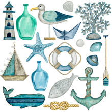 7046 Nautical Design Elements Hand Drawn In Watercolor