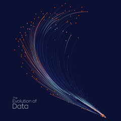 Wall Mural - Evolution of data. Vector explosion motion dot lines background. Small particles strive out of center. vector illustration use for quantum technology, digital, science, music, communication.
