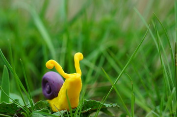 A snail figurine made of plasticine in the green grass. A symbol of spring.