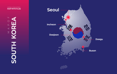 Wall Mural - South Korea map with flag info graphic. Abstract vector map of South Korea with capital and major cities. Dots composition map on dark background. 