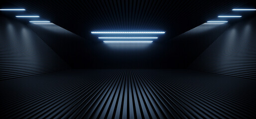 Neon Laser Blue White Led Lights Sci Fi Futuristic Modern Spaceship Dark Tunnel Corridor Hangar Garage Metal Glossy Showroom Empty Stage 3D Rendering