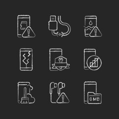 Poster - mobile phone technical issues chalk white icons set on dark background. broken and failed smartphone