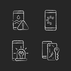 Poster - usual mobile phone problems chalk white icons set on dark background. connection issue. water damage