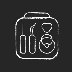 Sticker - Phone repair kit chalk white icon on dark background. Renovate toolkit inside box. Do it yourself adjustment. Tools for repairing mobile devices. Isolated vector chalkboard illustration on black